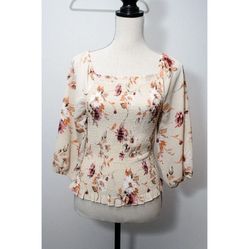 Anthropologie Everly Cropped Floral Smocked Puff Balloon Long Sleeve Blouse Med